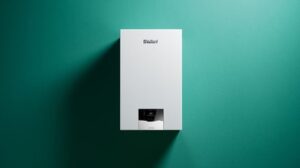 Una moderna caldaia a condensazione Vaillant montata a parete, caratterizzata da un design compatto ed efficiente, ideale per il riscaldamento domestico e la produzione di acqua calda.