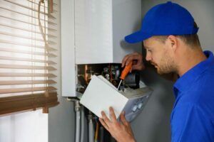 Tecnico esperto effettua la manutenzione su una caldaia, rappresentando il servizio di riparazioni caldaie Vaillant Roma