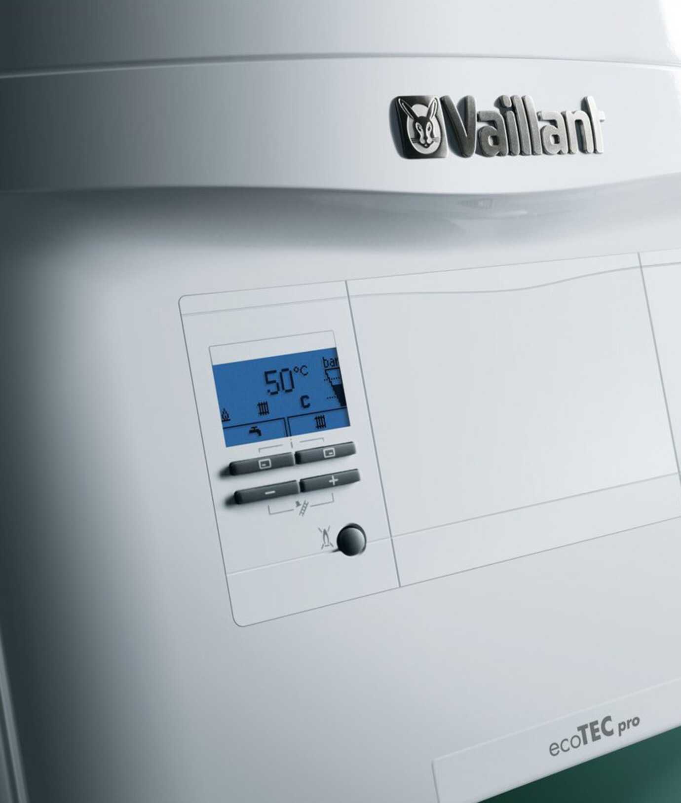 Primo piano del display della caldaia ecoTEC pro VMW + con controlli intuitivi e regolazione precisa della temperatura.