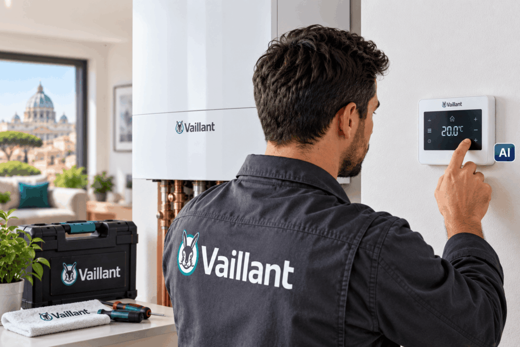 Tecnico Vaillant regola il termostato digitale collegato alla caldaia in un’abitazione a Roma