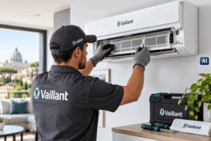 Tecnico Vaillant durante l’assistenza e manutenzione di un climatizzatore a Roma