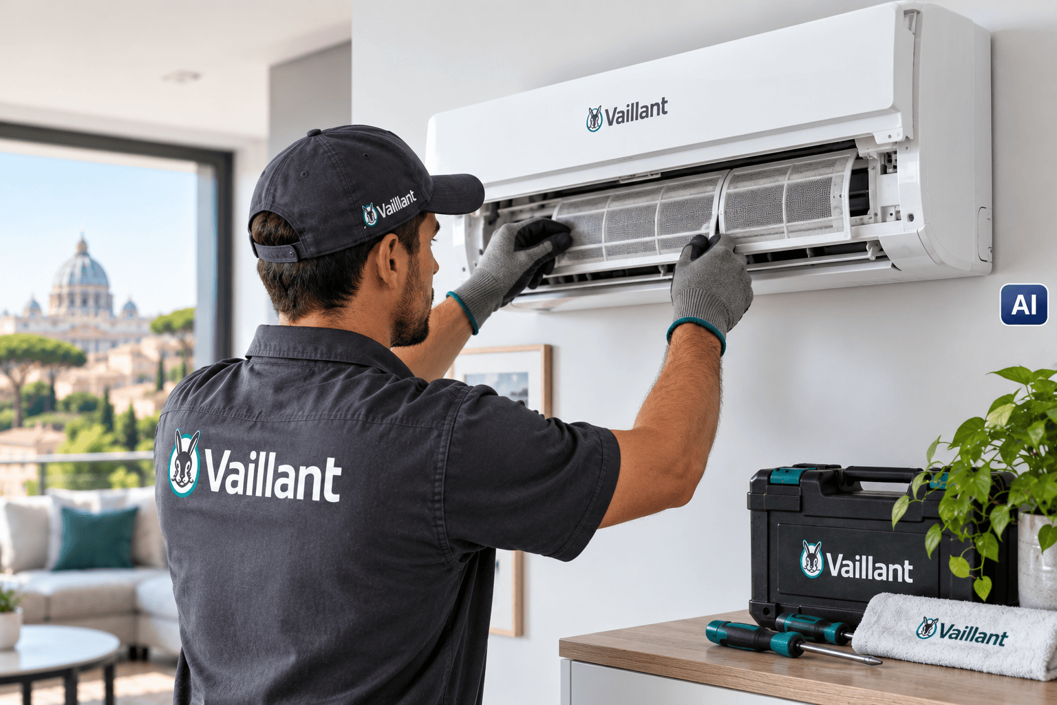 Tecnico Vaillant durante l’assistenza e manutenzione di un climatizzatore a Roma