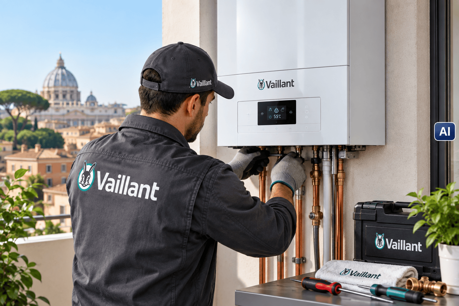 Tecnico Vaillant durante l’installazione di una caldaia a Roma