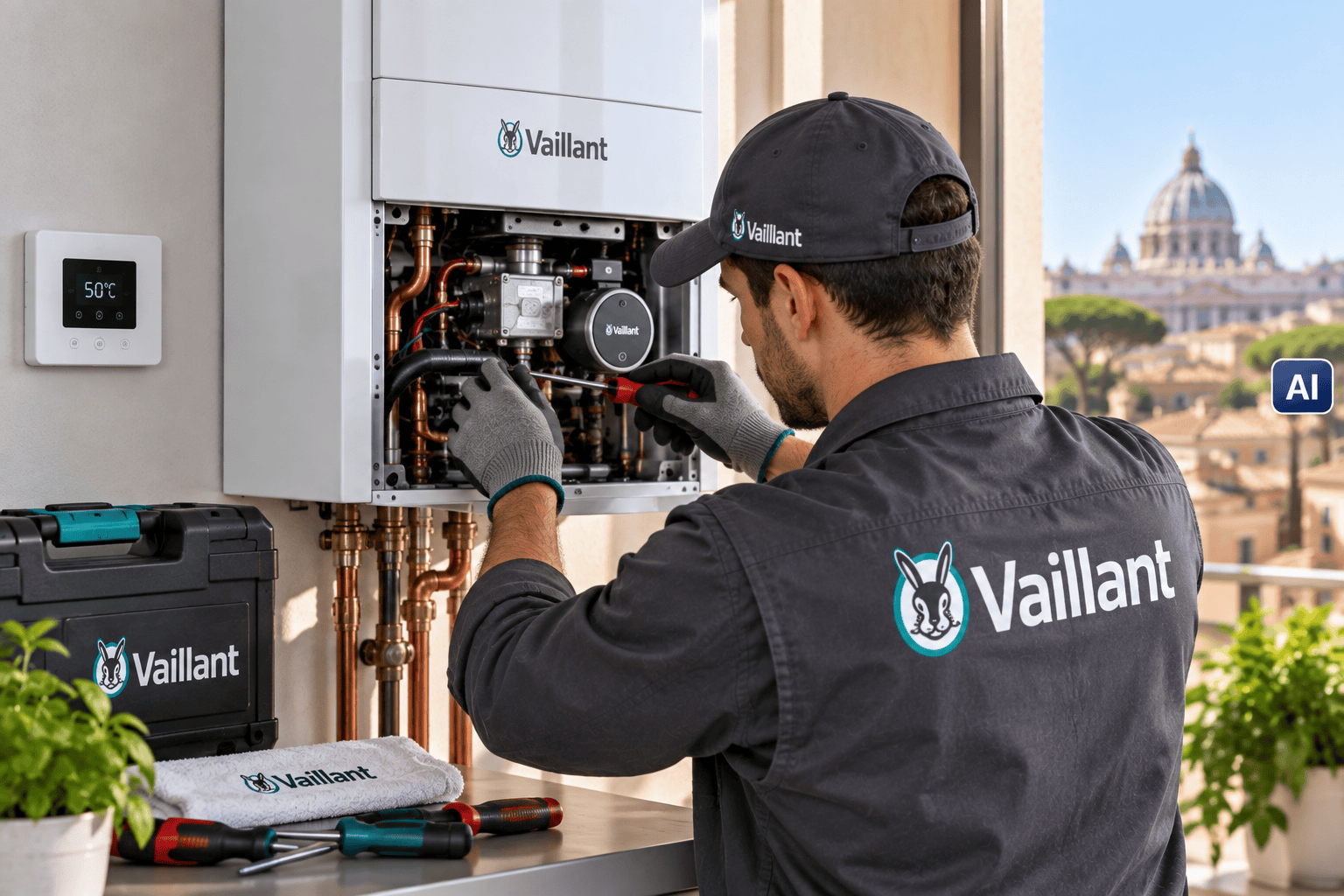 Tecnico Vaillant durante la riparazione di una caldaia Vaillant a Roma