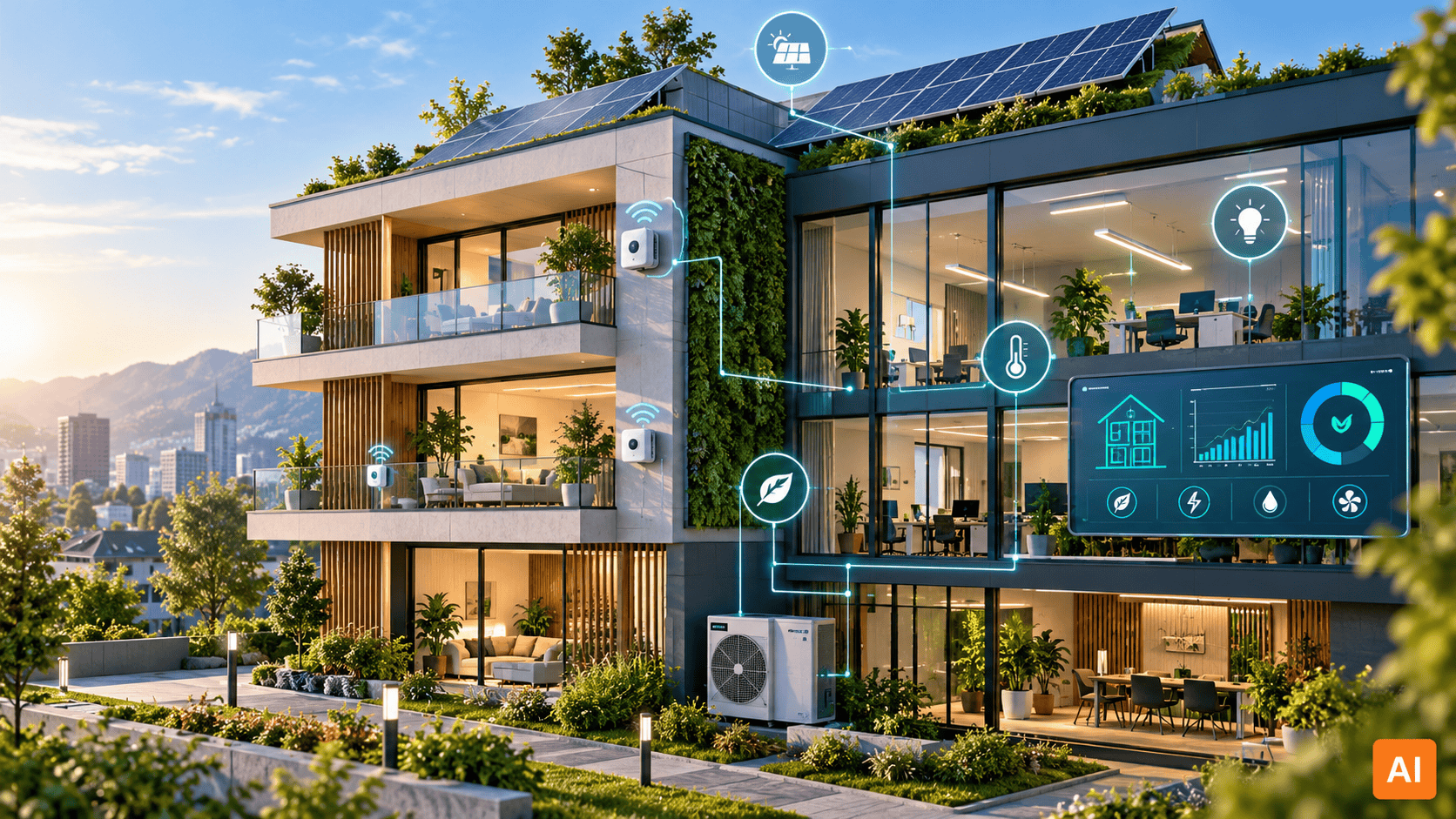 Edificio intelligente sostenibile al tramonto